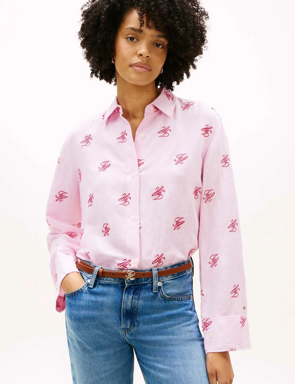 Linen Blend Striped Monogram Collared Shirt