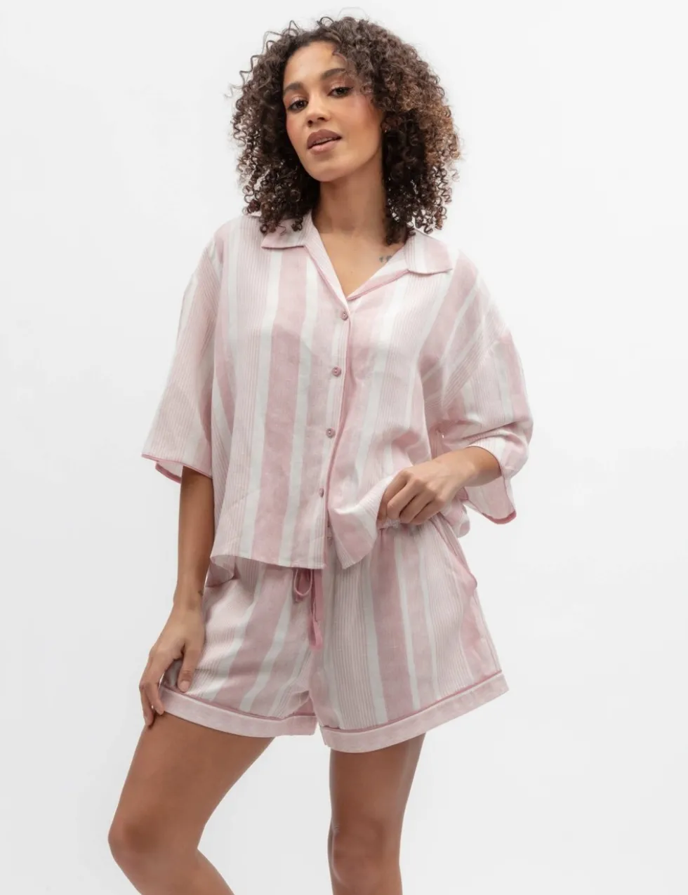 Linen Blend Striped Shortie Set