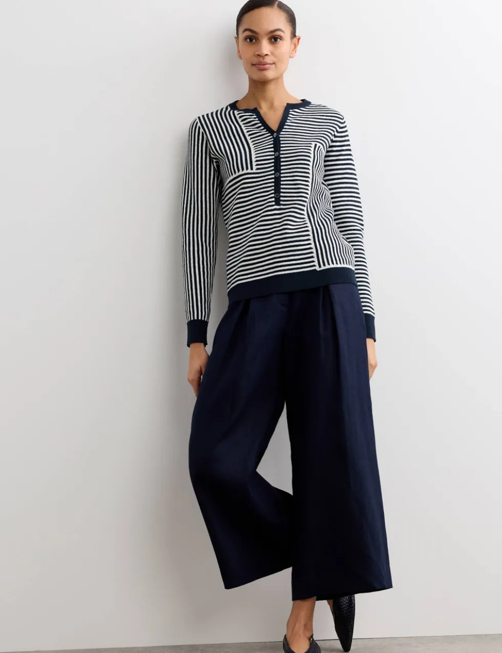 Linen Blend Striped V-Neck Button Jumper