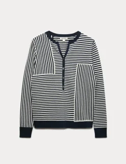 Linen Blend Striped V-Neck Button Jumper