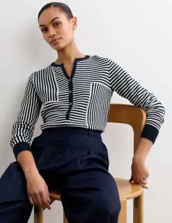 Linen Blend Striped V-Neck Button Jumper