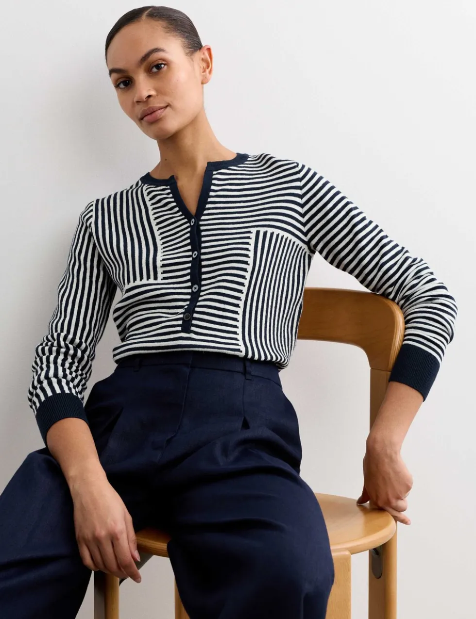 Linen Blend Striped V-Neck Button Jumper