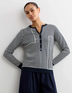 Linen Blend Striped V-Neck Button Jumper