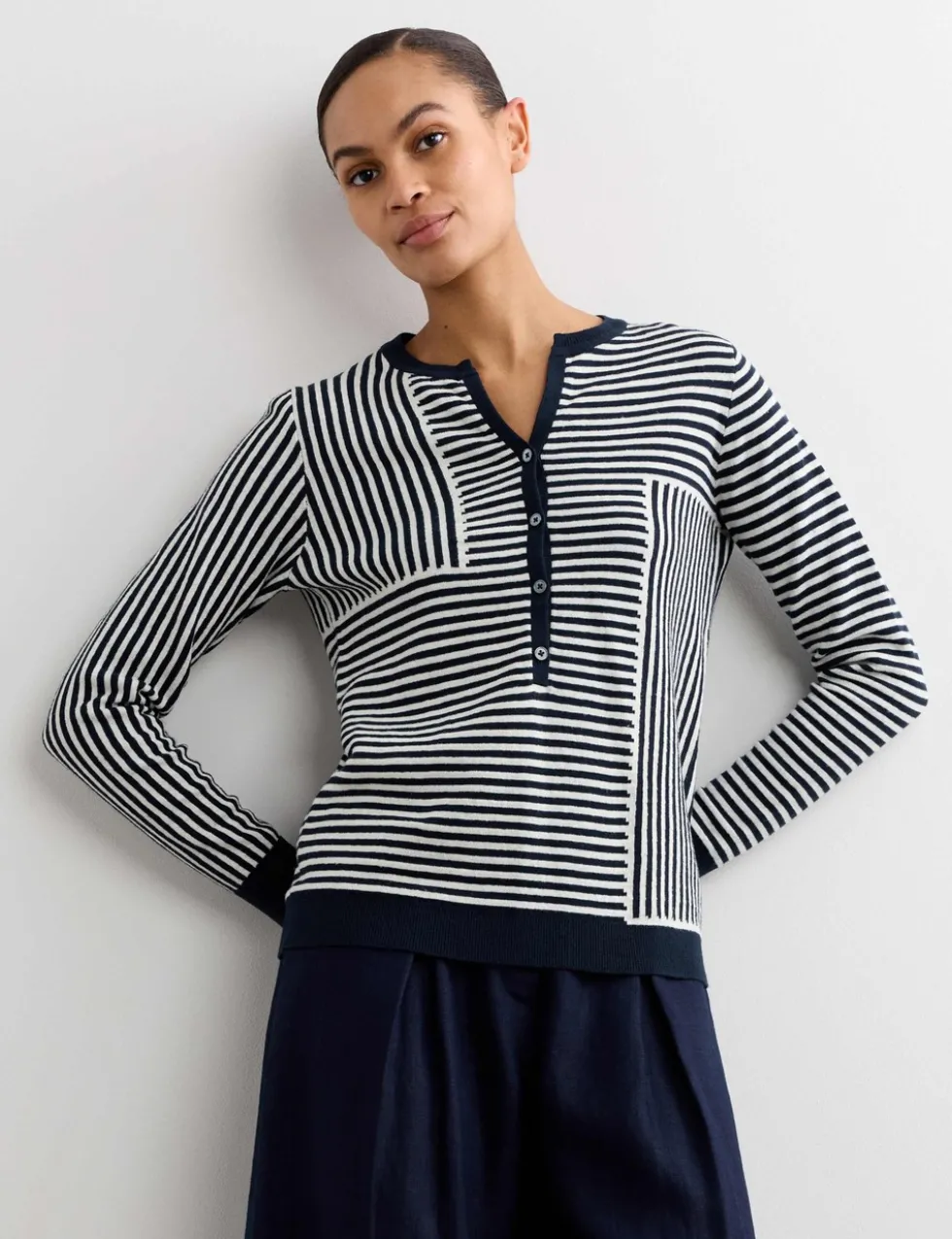 Linen Blend Striped V-Neck Button Jumper