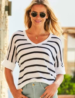 Linen Blend Striped V-Neck Relaxed T-Shirt