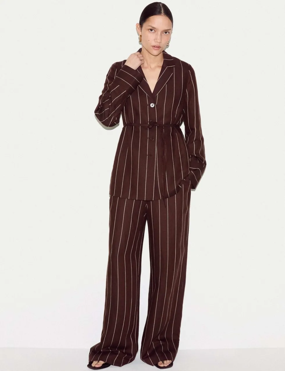 Linen Blend Striped Wide Leg Trousers