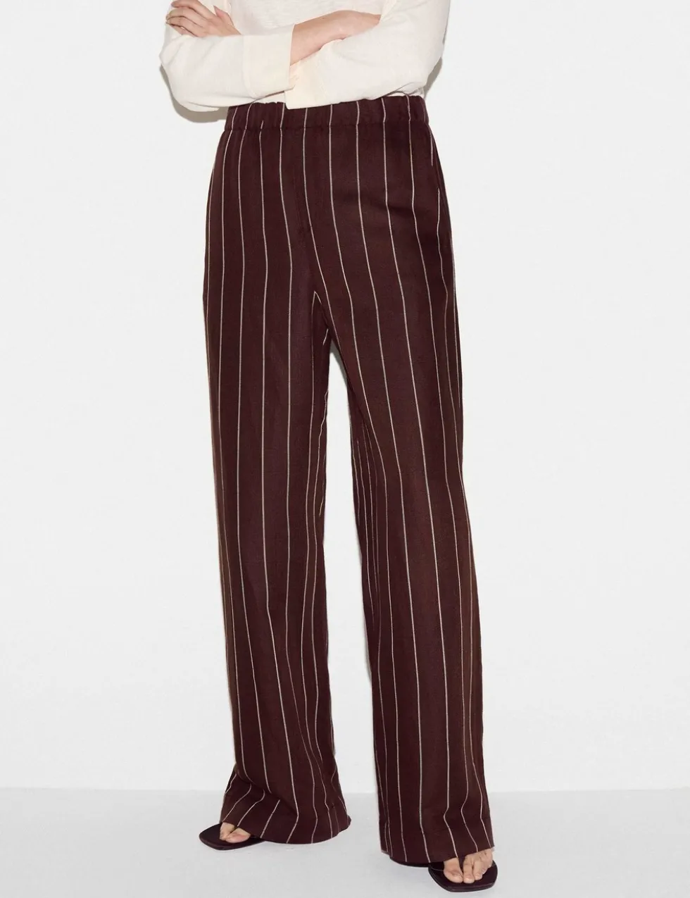 Linen Blend Striped Wide Leg Trousers