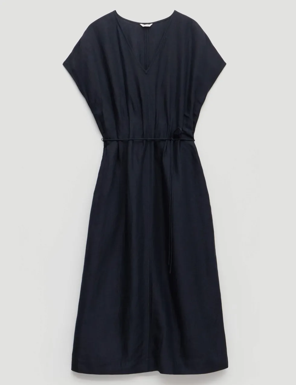 Linen Blend V-Neck Midi Waisted Dress