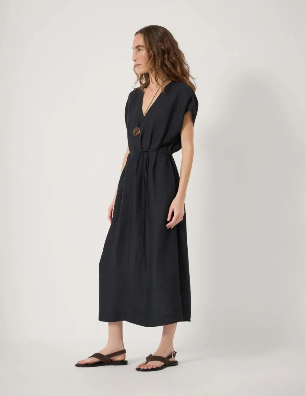 Linen Blend V-Neck Midi Waisted Dress