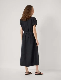 Linen Blend V-Neck Midi Waisted Dress