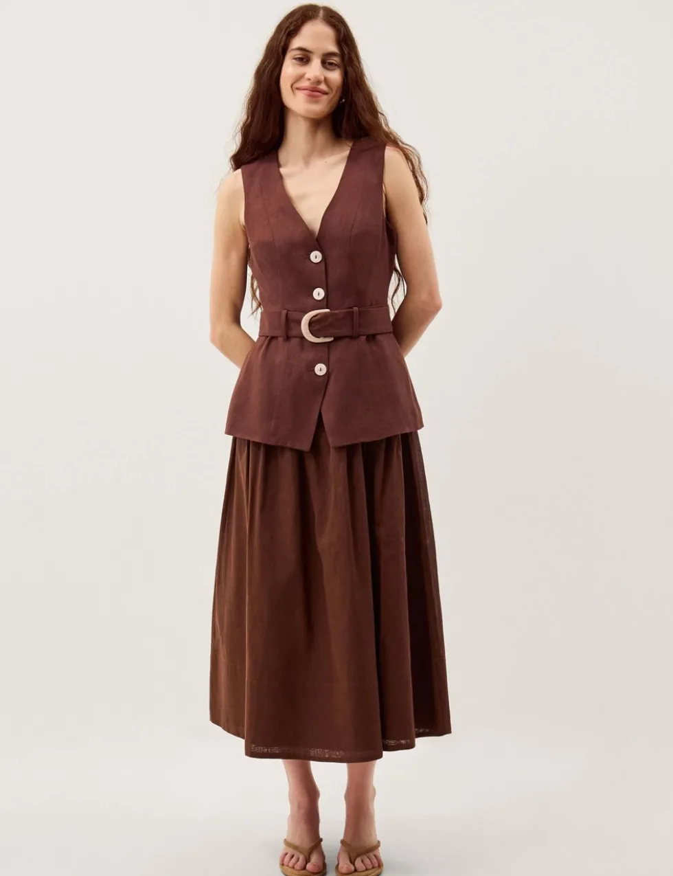 Linen Blend V-Neck Midi Waisted Dress