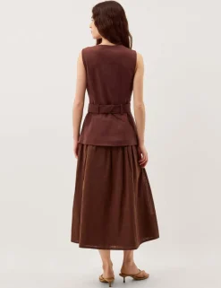 Linen Blend V-Neck Midi Waisted Dress