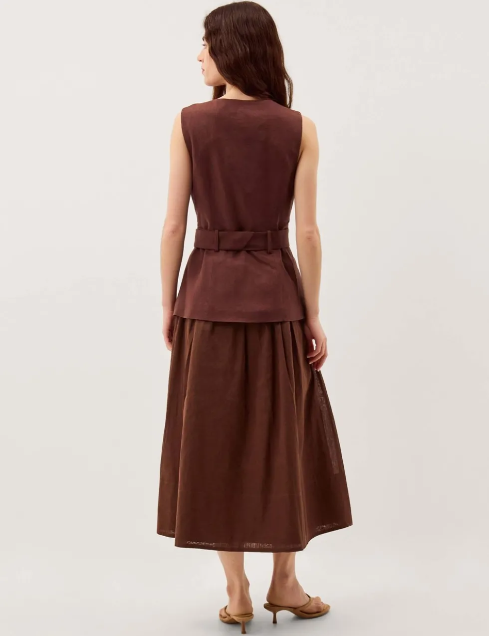 Linen Blend V-Neck Midi Waisted Dress