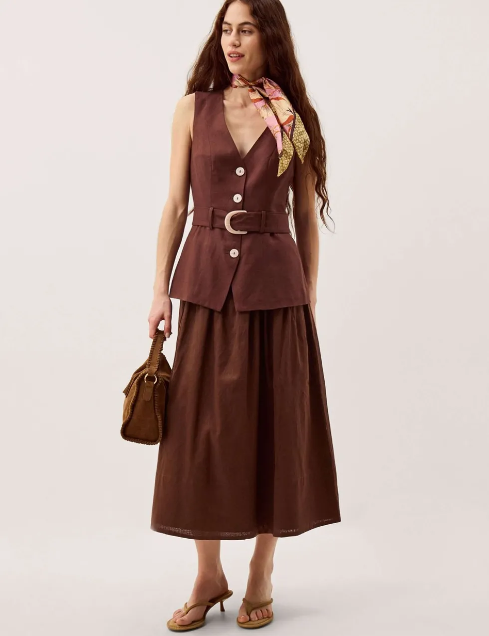 Linen Blend V-Neck Midi Waisted Dress