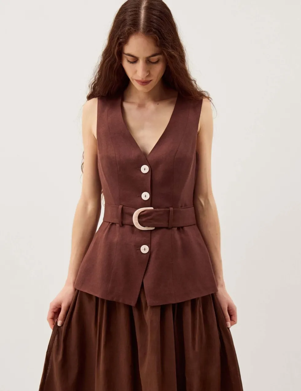 Linen Blend V-Neck Midi Waisted Dress