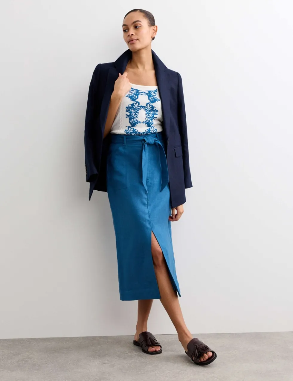 Linen Column Midi Skirt