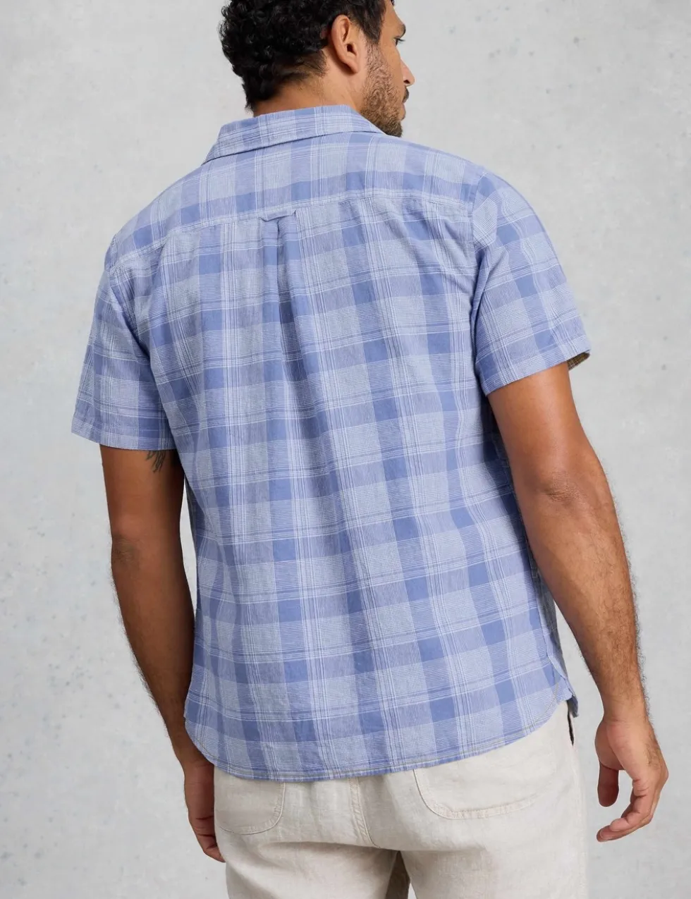 Linen Cotton Blend Check Short Sleeve Shirt