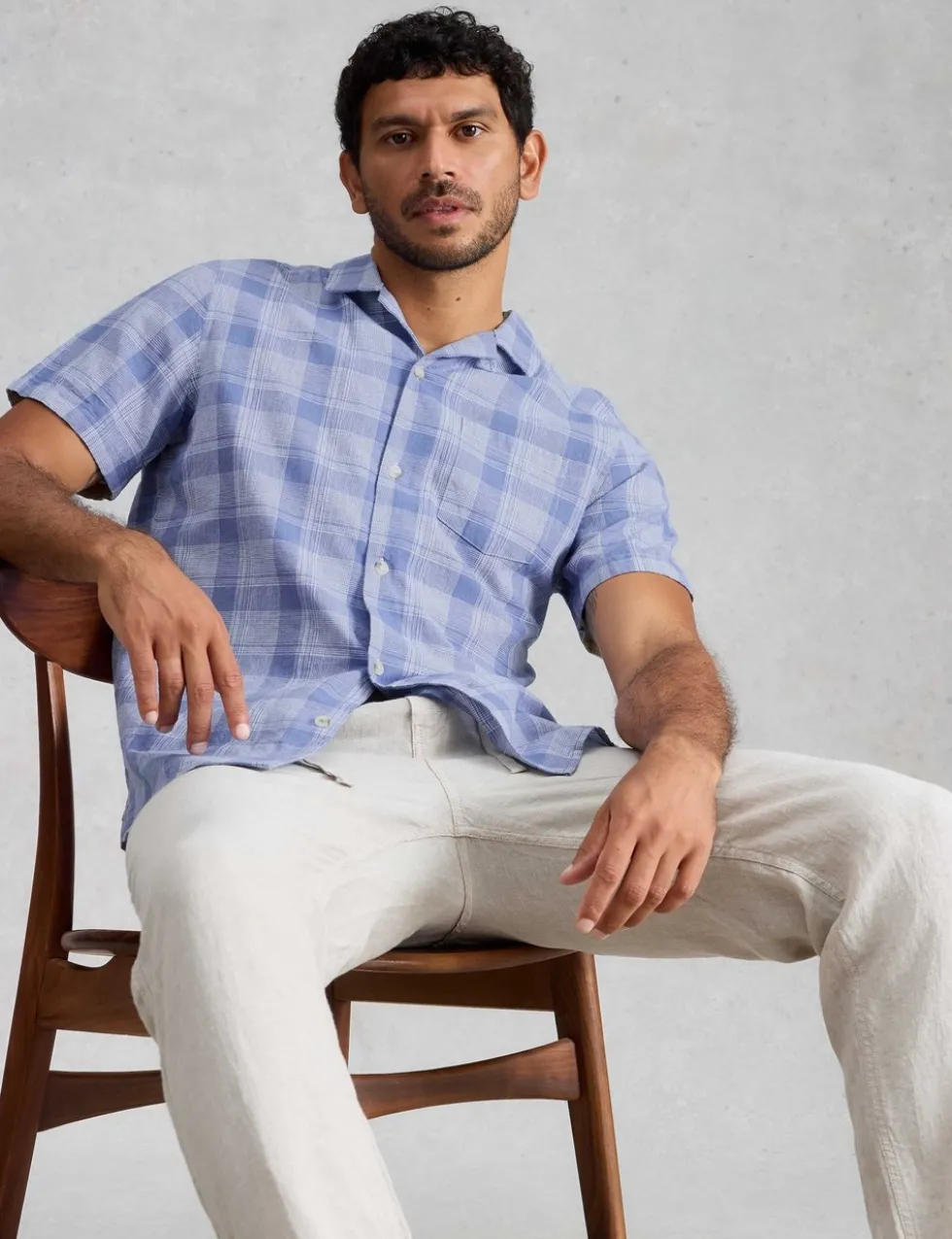 Linen Cotton Blend Check Short Sleeve Shirt