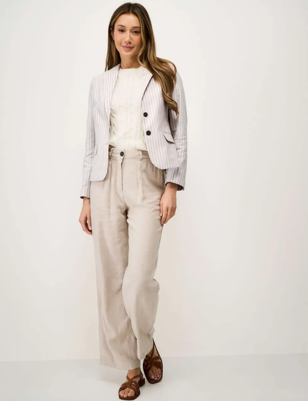 Linen Cotton Blend Tailored Striped Blazer