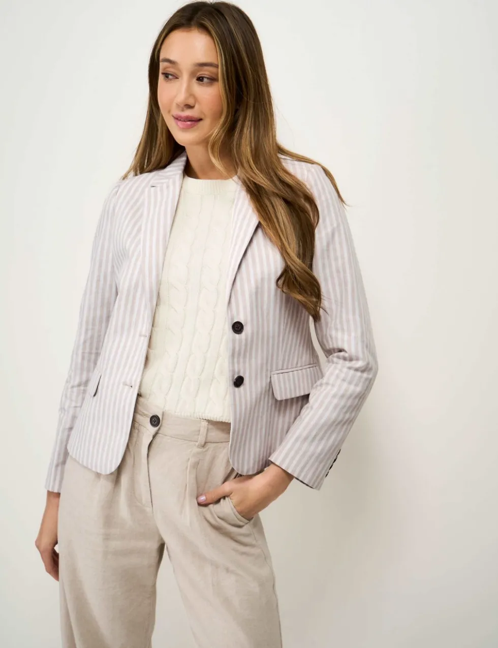 Linen Cotton Blend Tailored Striped Blazer