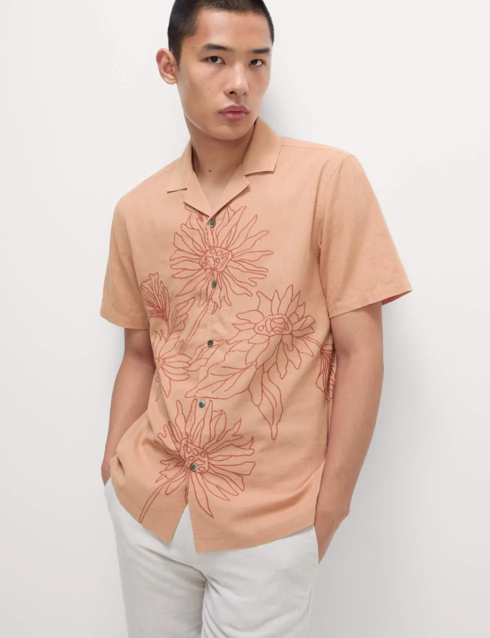 Linen Cotton Floral Embroidery Shirt