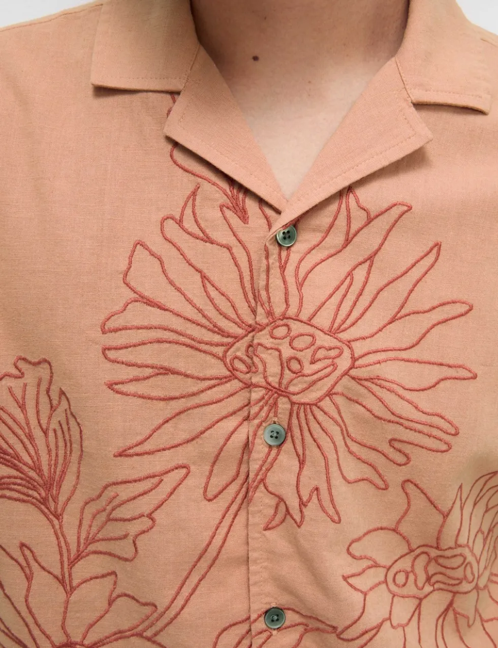 Linen Cotton Floral Embroidery Shirt
