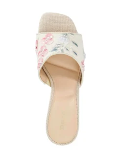 Linen Floral Block Heel Square Toe Mules
