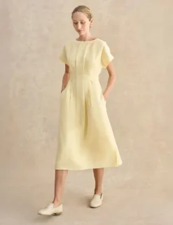 Linen Rich Belted Midi Waisted Dress