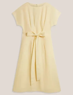 Linen Rich Belted Midi Waisted Dress