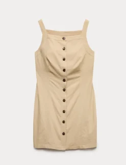 Linen Rich Button Through Mini Shift Dress