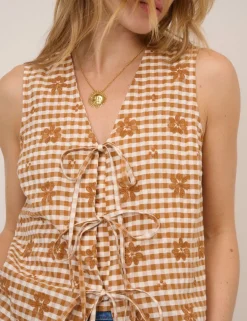 Linen Rich Checked Tie Front Vest Top