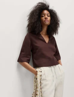 Linen Rich Collared Crop Top