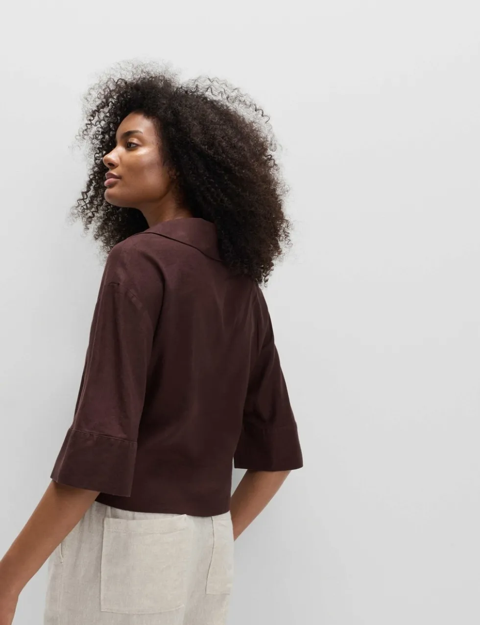 Linen Rich Collared Crop Top