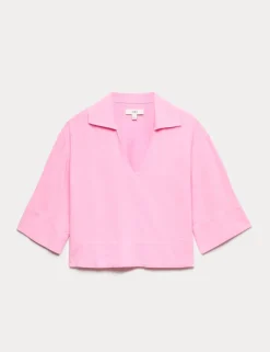 Linen Rich Collared Crop Top