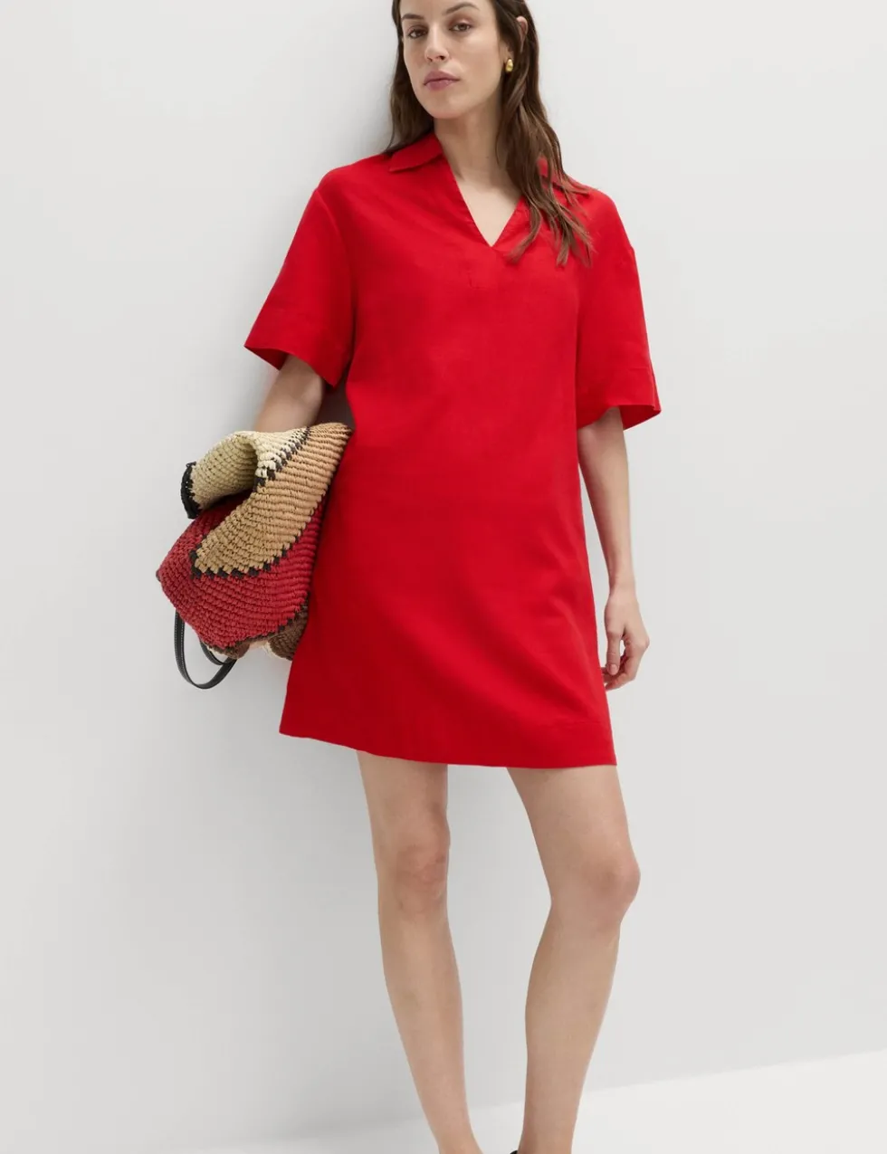 Linen Rich Collared Mini Shift Dress