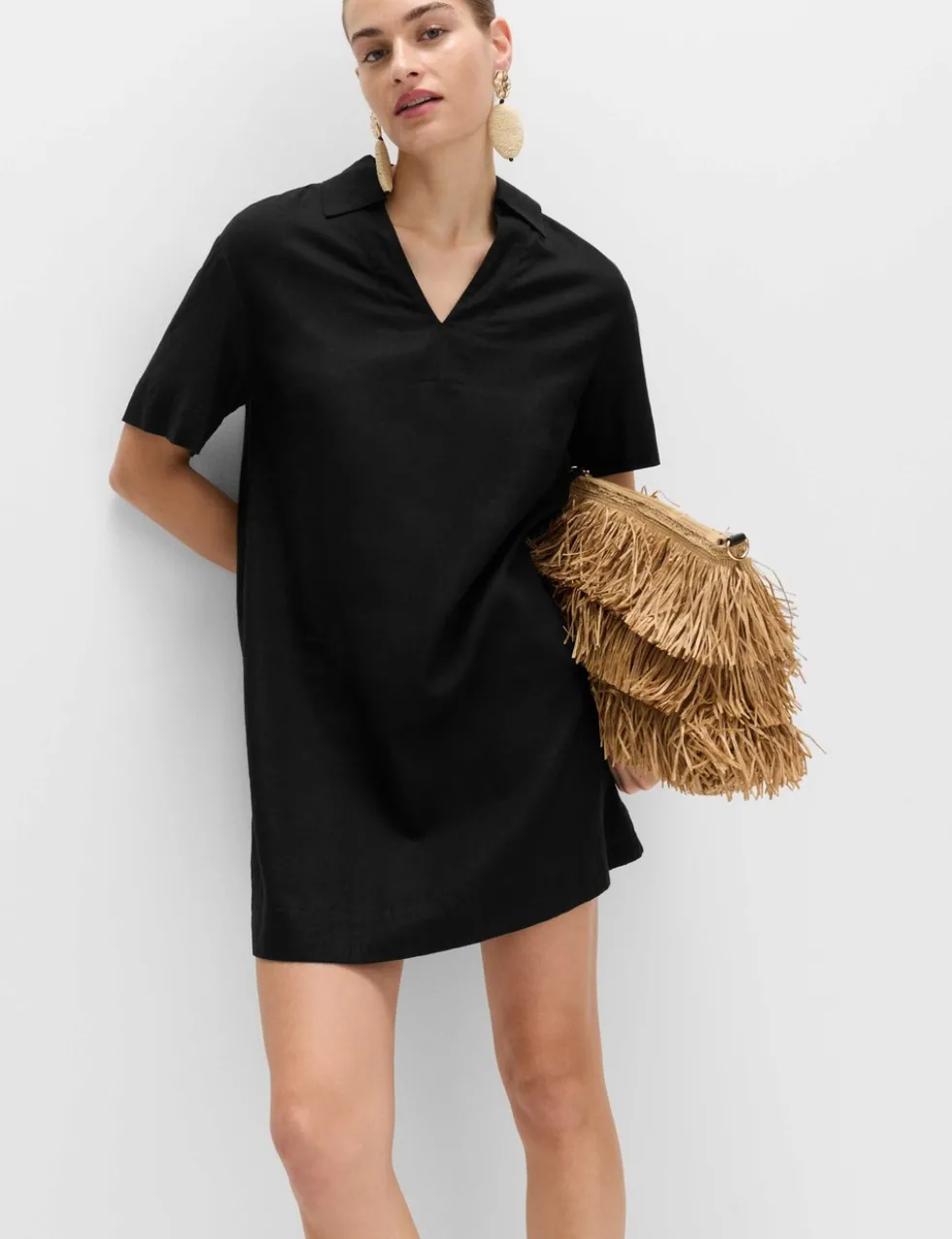 Linen Rich Collared Mini Shift Dress