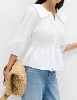 Linen Rich Collared Shirred Shirt