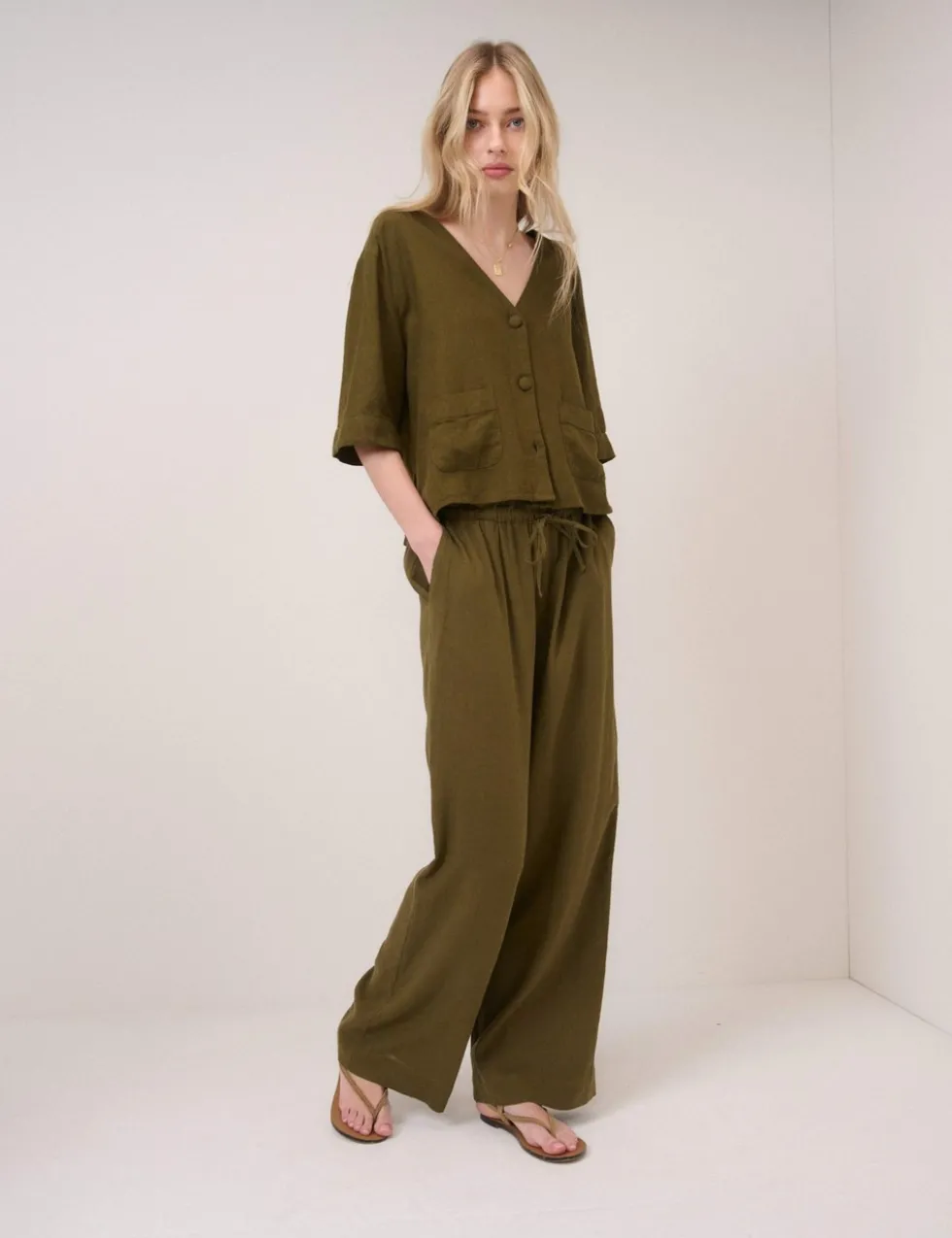 Linen Rich Drawstring Straight Leg Trousers