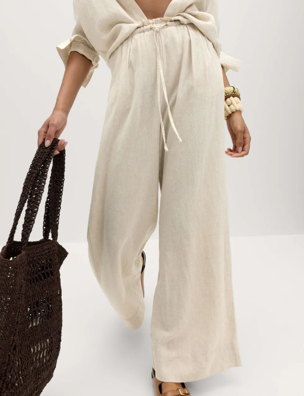 Linen Rich Drawstring Wide Leg Trousers
