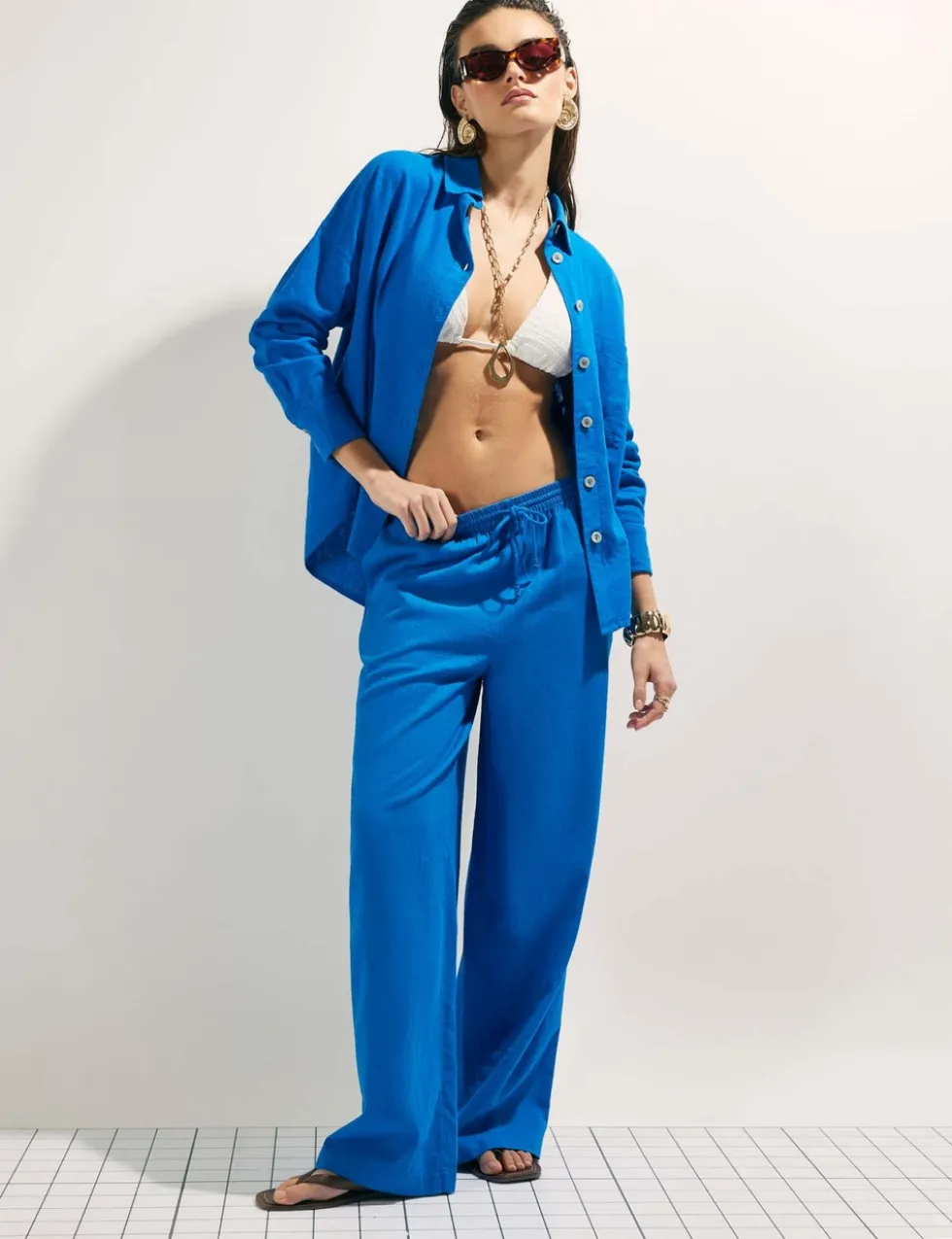 Linen Rich Drawstring Wide Leg Trousers