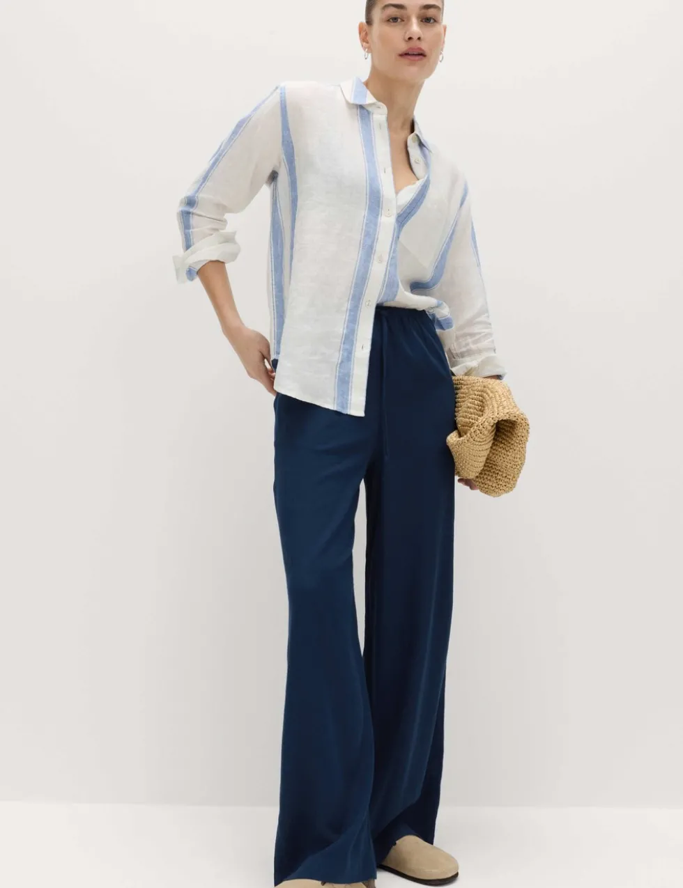 Linen Rich Drawstring Wide Leg Trousers