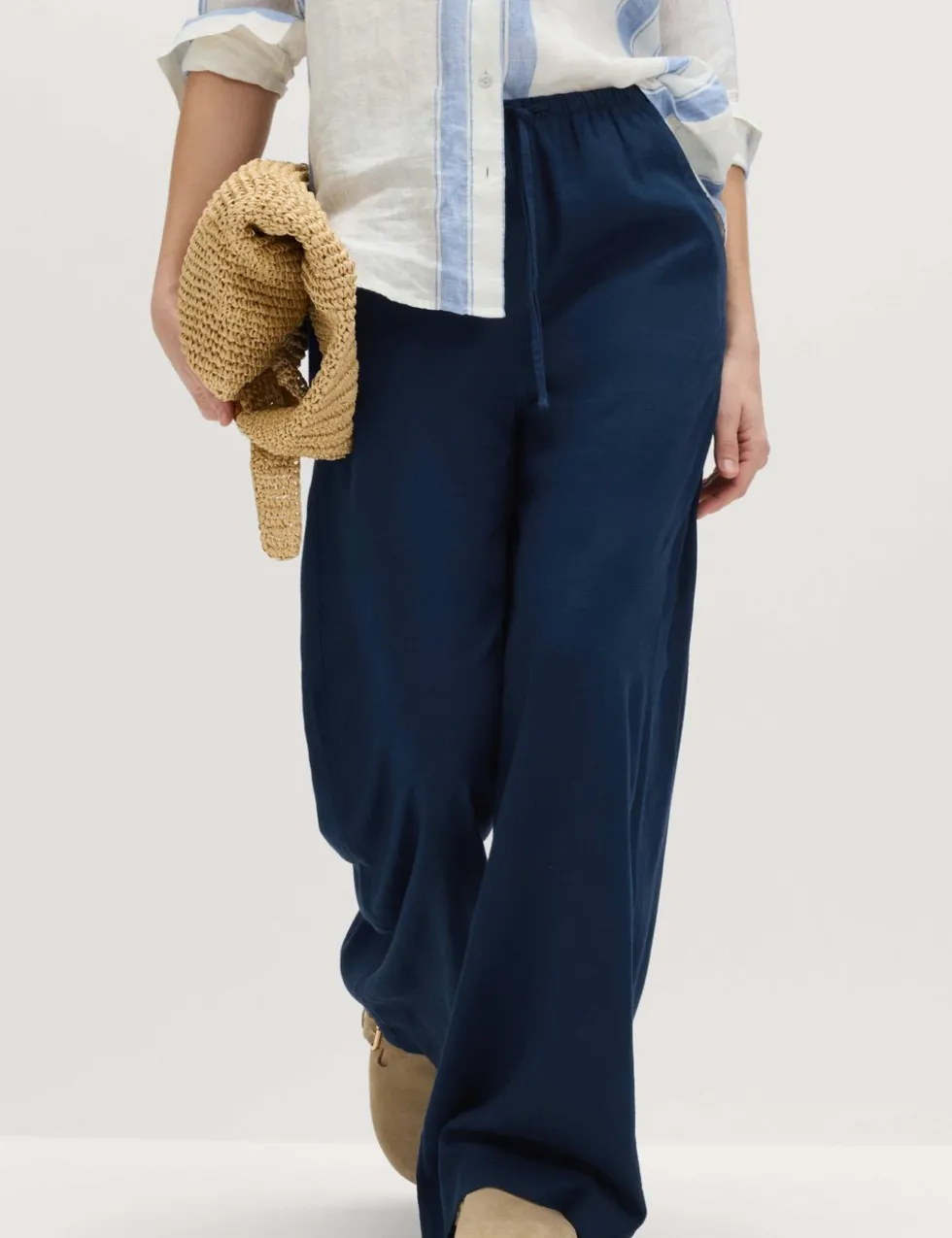Linen Rich Drawstring Wide Leg Trousers