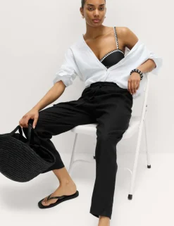 Linen Rich Elasticated Waist Tapered Trousers