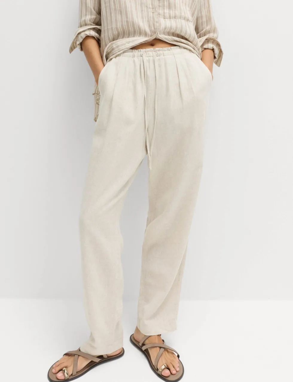 Linen Rich Elasticated Waist Tapered Trousers