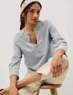 Linen Rich Embroidered V-Neck Blouse