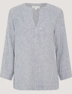 Linen Rich Embroidered V-Neck Blouse