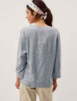 Linen Rich Embroidered V-Neck Blouse