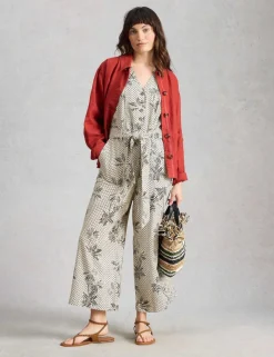Linen Rich Floral Belted Sleeveless Jumpsuit