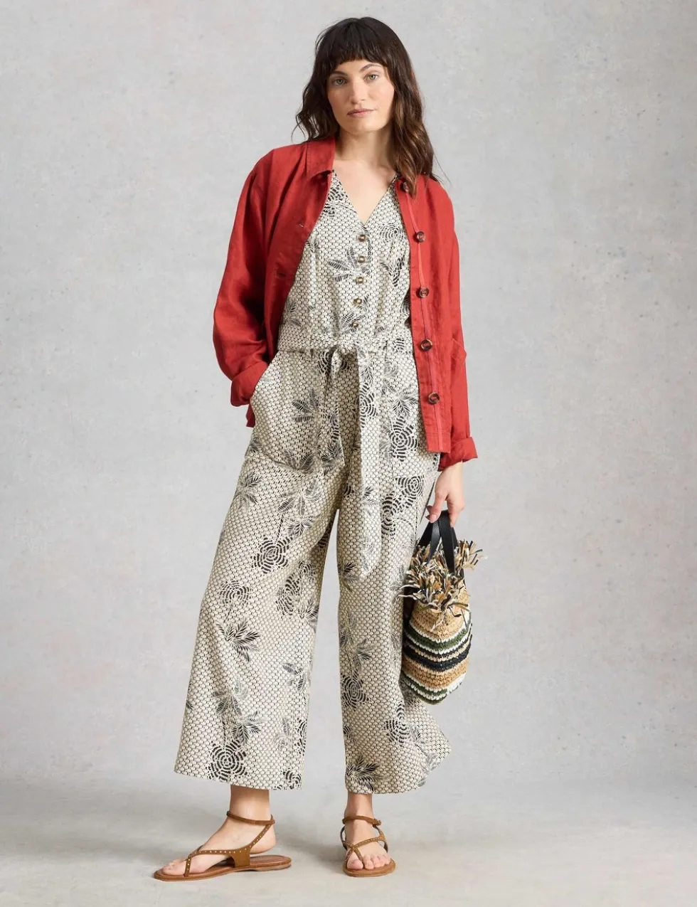 Linen Rich Floral Belted Sleeveless Jumpsuit