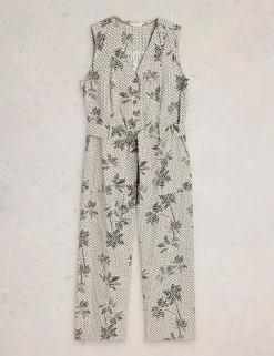 Linen Rich Floral Belted Sleeveless Jumpsuit